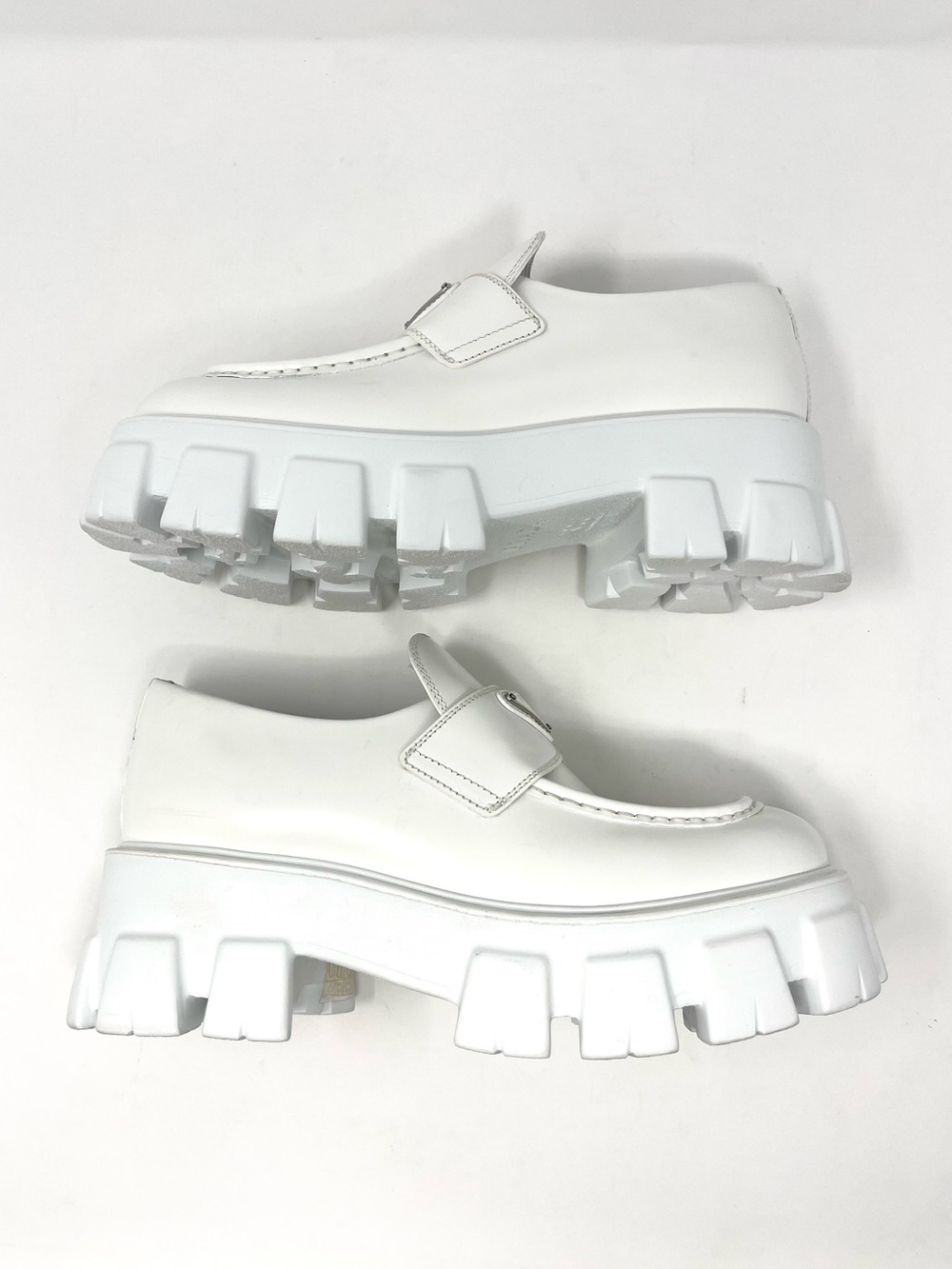 NEW Prada Monolith Triangle Logo White Leather Loafers Heels Chunky 39.5 9.5 - Picture 6 of 14
